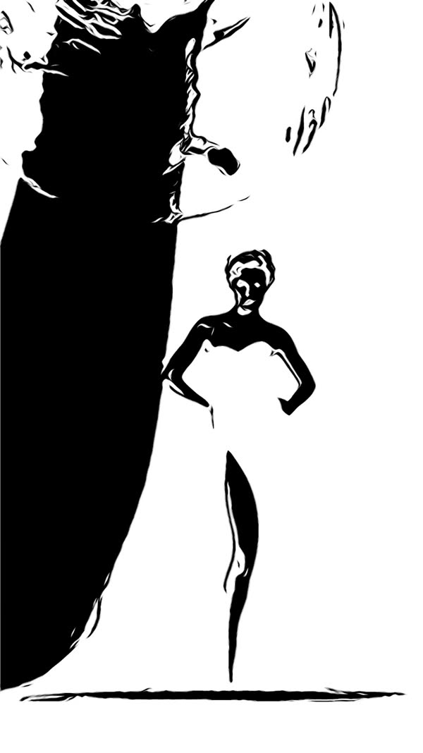 Silhouette zwischen schwarzer Fläche und weißem Raum