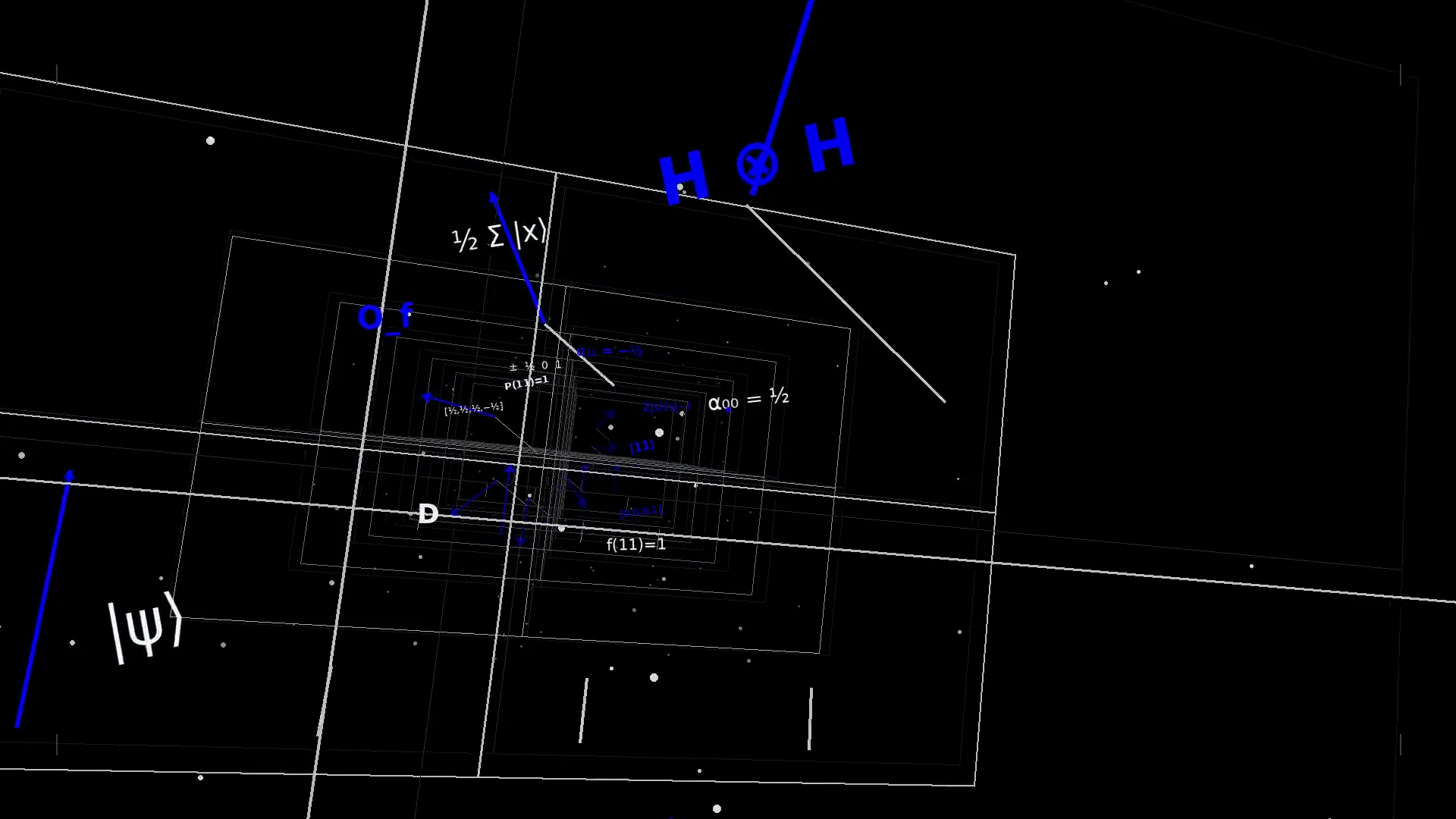 QTRON — blue and white quantum symbols in a black spatial composition